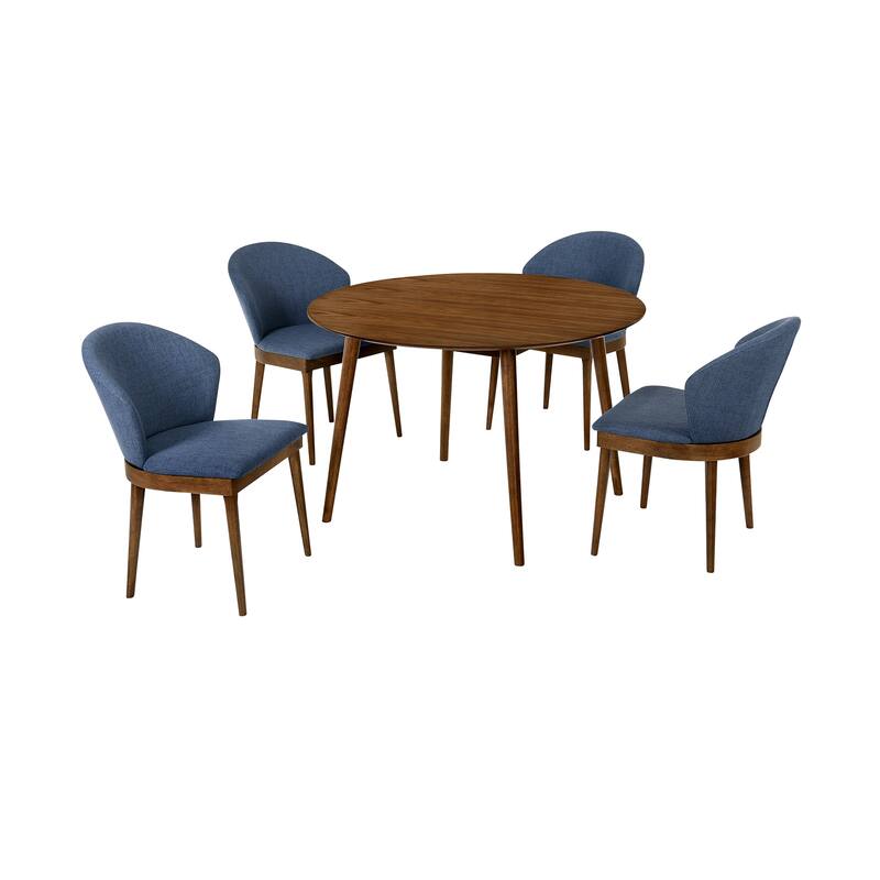 5 Piece Dining Set with Curved Side Chairs, Brown and Blue