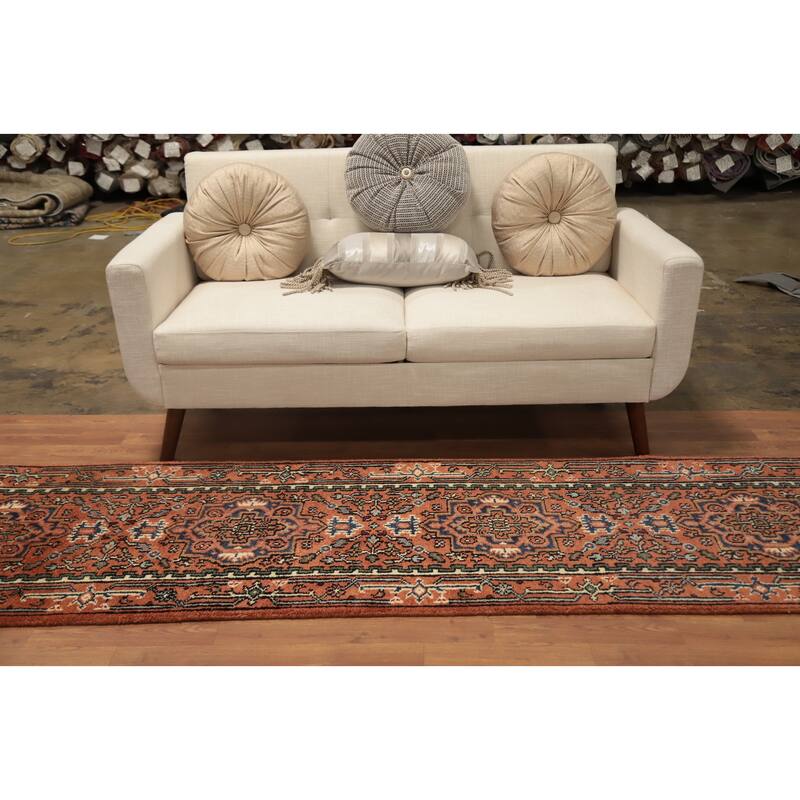 Hand Knotted Oriental 100% Wool Carpet Traditional Geometric Oranges & Rust Heriz (serapi) Runner Rug - 10' 1'' X 2' 7''