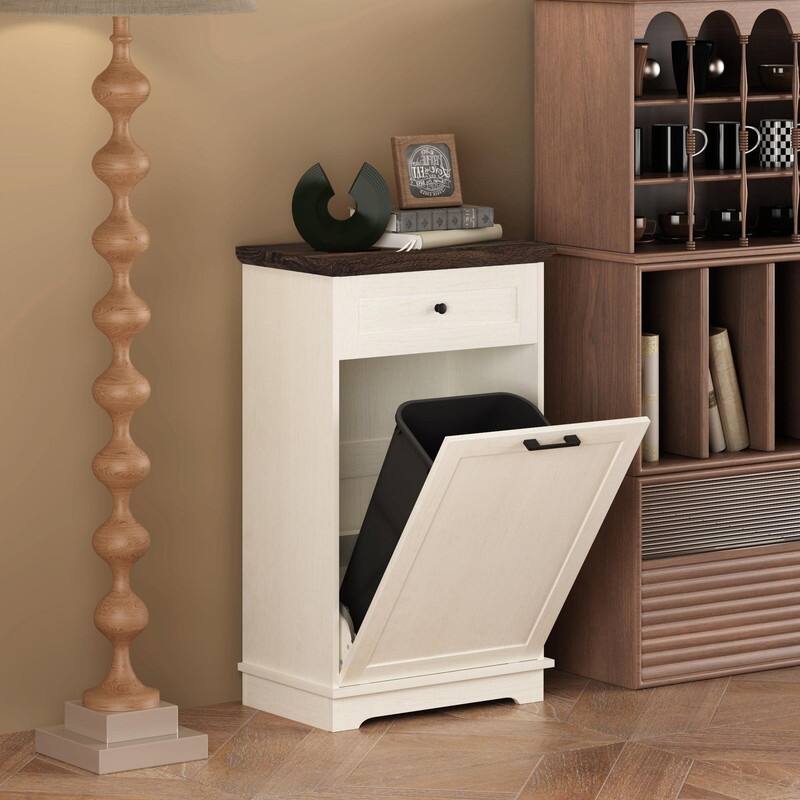 13 Gallon Tilt-Out Trash Can Cabinet, Freestanding Wooden Garbage & Recycling Bin with Hideaway Drawer(Trash Can Not Included)