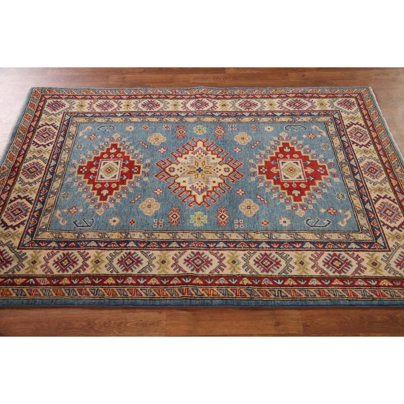 Light Blue Geometric Kazak Oriental Area Rug Handmade Wool Carpet - 4'0"x 5'11"
