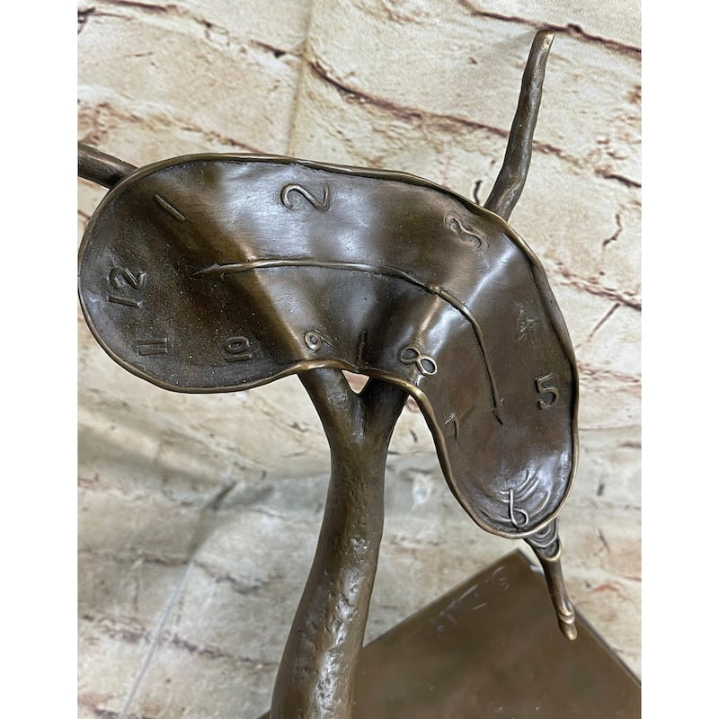 Bronze Surreal Melting Clock Sculpture Inspired By Dali On Marble Base