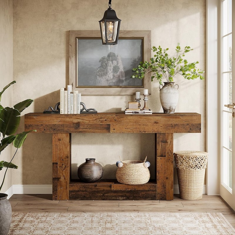 63 Inches Brown/ Gray Wood Entryway Table, Farmhouse Console Table for Entryway