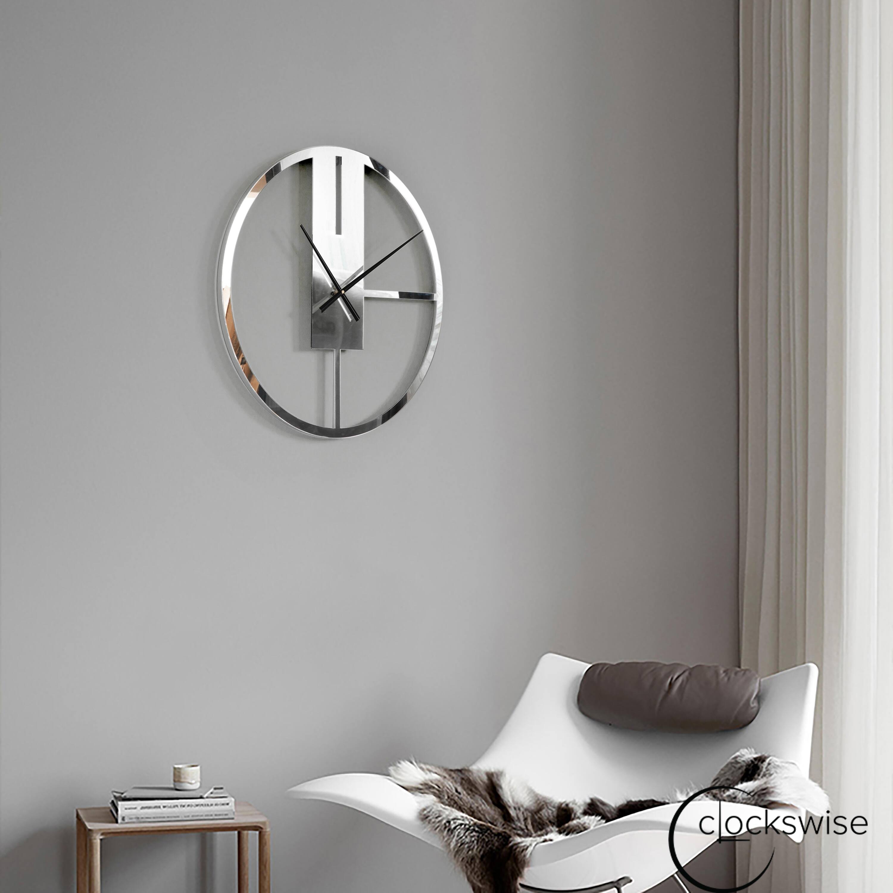 Modern Round Big Wall Clock with Mirror Face, Decorative Silver Metal