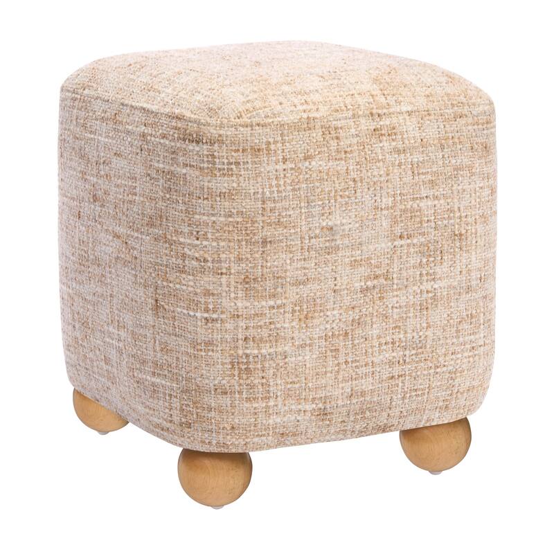 Chenille Upholstered Pouf Ottoman Footstool Acacia Solid Wood Footrest