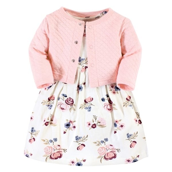 slide 1 of 1, Hudson Baby Infant and Baby Girl Quilted Cardigan and Dress, Dusty Rose Floral 0-3 Months - Dusty Rose Floral