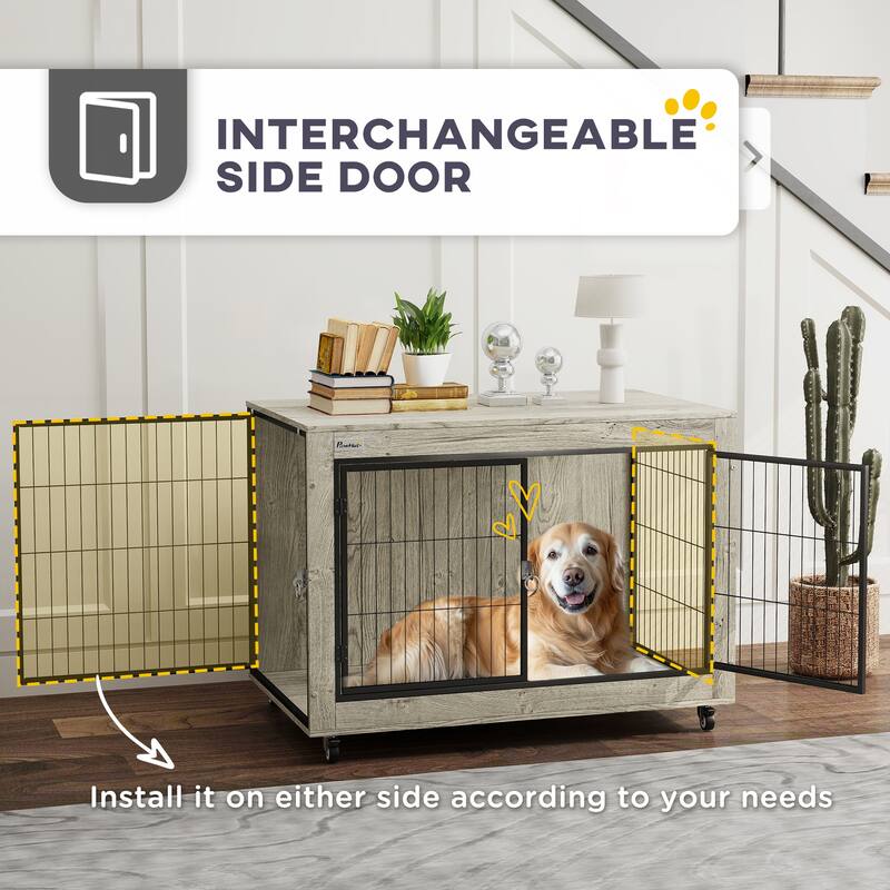 PawHut 39" Dog Crate Furniture with Wheels, Dog Kennel Furniture with Interchangeable Side Door, Dog Cage End Table