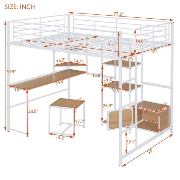 dimension image slide 0 of 2, Full Size Metal Loft Bed with Bulit-in Desk and Stool, Heavy Duty Loft Bedframe with Cabinet and Open Storage Shelves for Kids