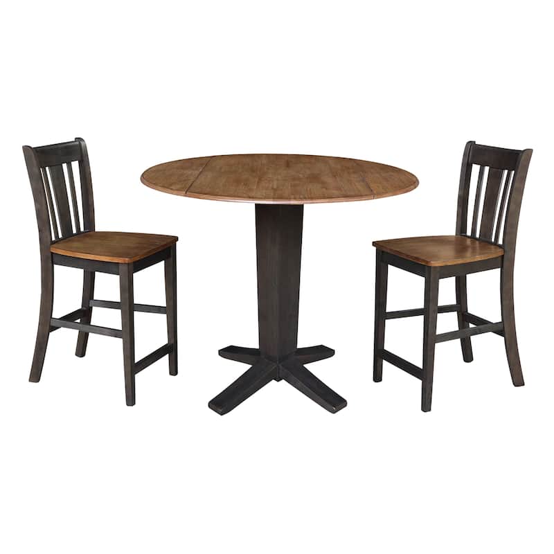 42 in Solid Wood Round Drop Leaf Counter Height Dining Table with Stools in Hickory/Washed Coal - 3-Piece