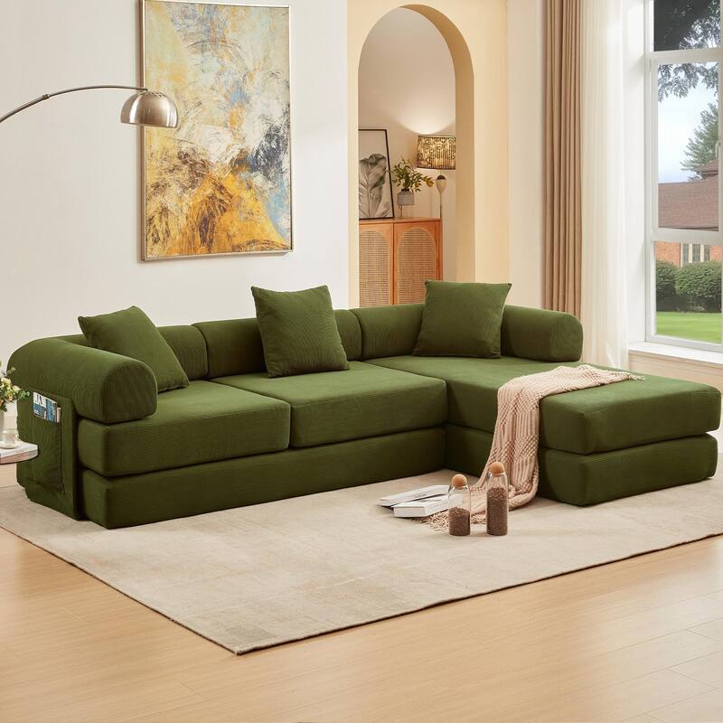 107'' L-Shaped 7-in-1 Corduroy Modular Sectional Sofa Bed, 4-Seat, Green