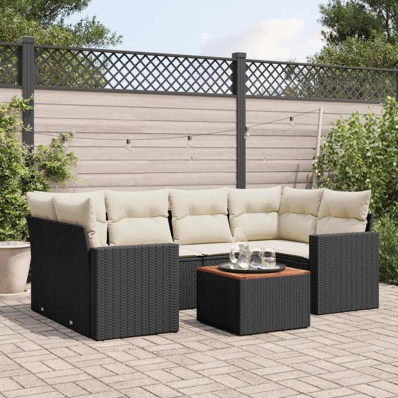 vidaXL Patio Sofa Set with Cushions Outdoor Furniture 7 Piece Poly Rattan - 21.7 x 21.7 x 14.6 - Black and Cream