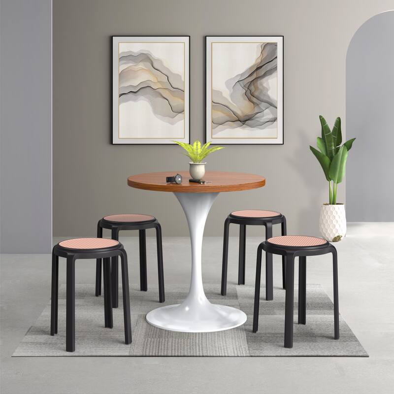 Round Plastic Dining Stool with Wicker Top Tresse Series by LeisureMod - 17.7" H x 13.4" W x 13.4" D