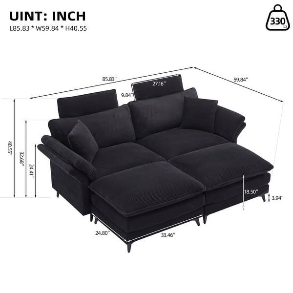 dimension image slide 1 of 2, Modern Corduroy Upholstered Deep Seat Sectional Sofa, Comfortable Cloud Sofa with Ottomans