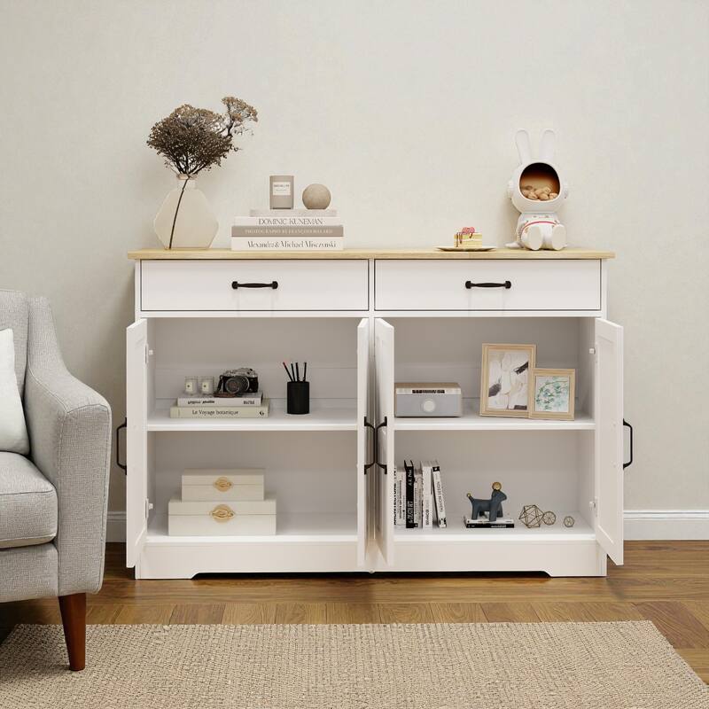 47.95" Farmhouse Buffet Sideboard Cabinet with 2 Drawers and 4 Doors, White Storage Cabinet for Dining Room or Living Room