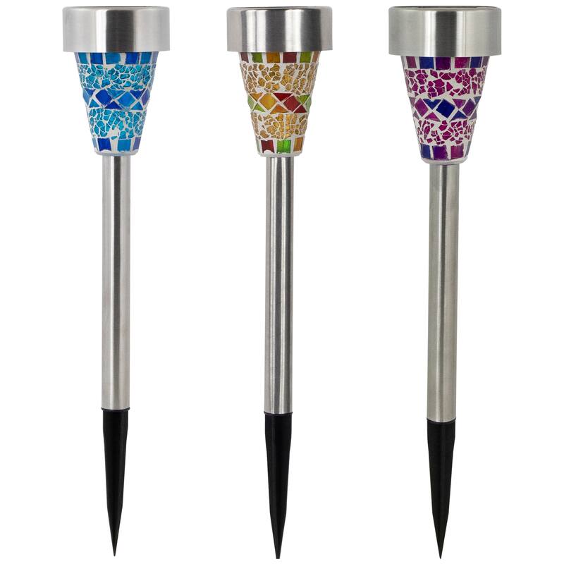 Set of 3 Mosaic Stained Glass Solar Powered LED Pathway Markers 15.5"
