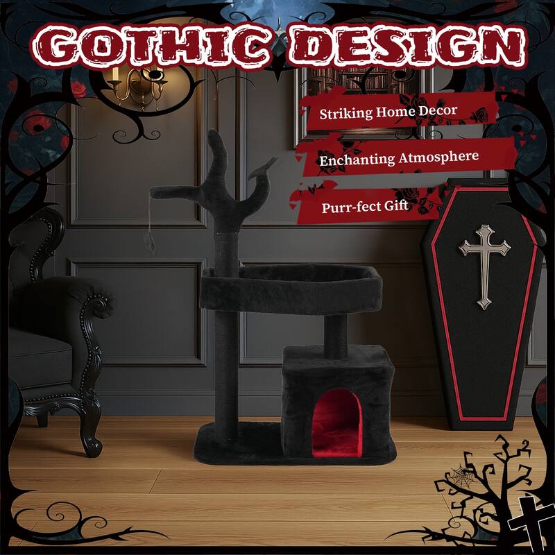 44" Gothic Cat Tree Tower with Condo, Coffin, Scratching Posts & Toys - 26.8 x 15.7 x 44.5 In