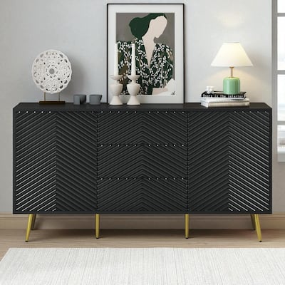 Modern Sideboard with Geometric Door Design, Metal Conical Legs, 3 Drawers & 2 Cabinets, 59" Storage Console