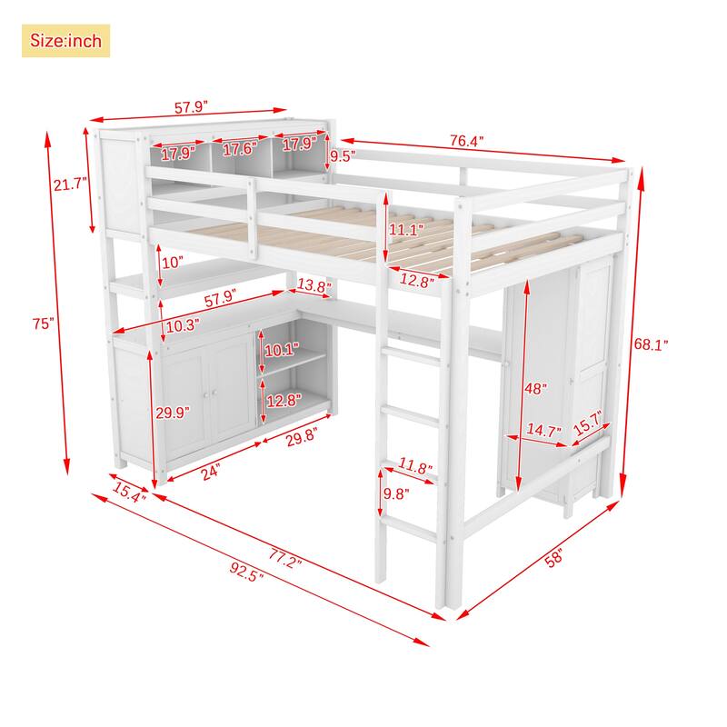 Full Size Loft Bed with Cabinet and Bookshelf,Wood High Loft Bed Frame with Built-in Desk and Wardrobe