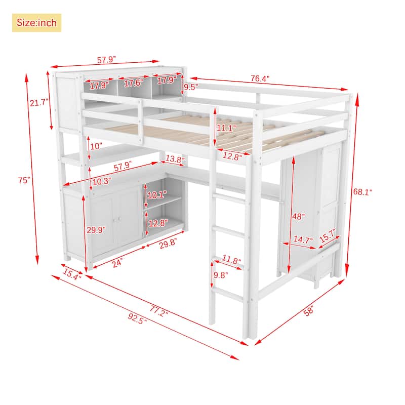 Wood Loft Bed with Cabinet and Bookshelf, Full Size Loft with Wardrobe and Desk for Kids
