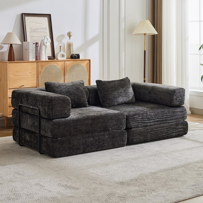 Chenille Loveseat Couch Boneless Modular Sectional Sofa Convertible Floor Sleeper Bed with Fixed-shape Frame for Living Room