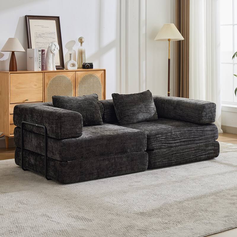 Convertible Floor Sofa Bed - Fixed Frame Chenille Loveseat, Modular Sectional, No Assembly Required - Black