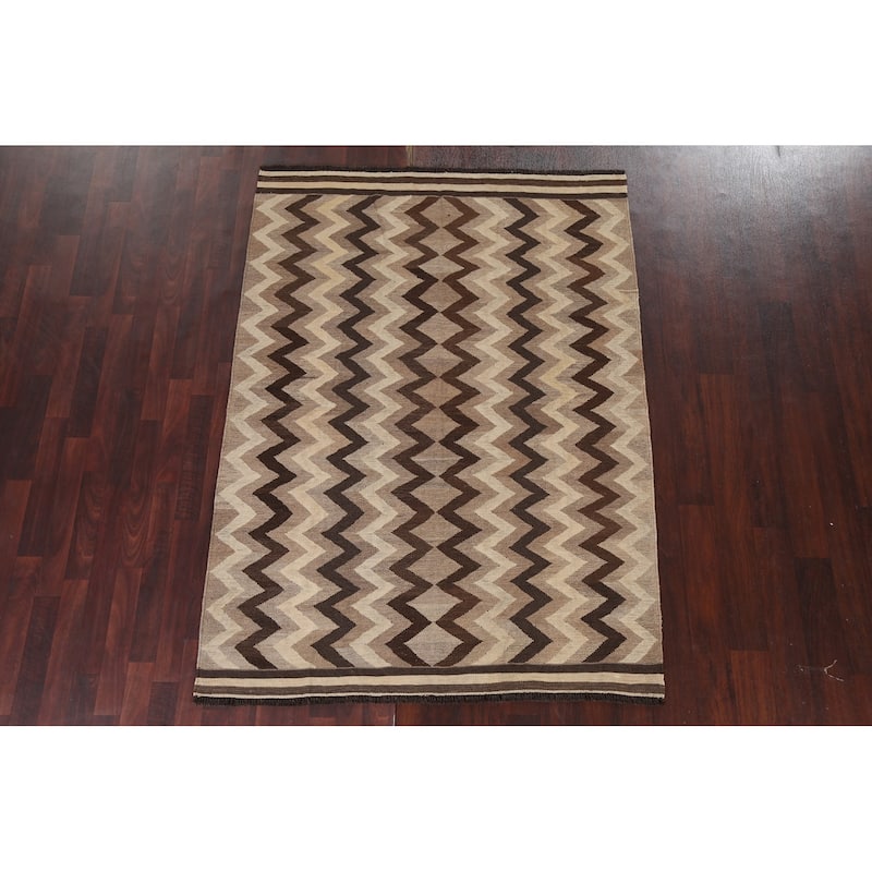 Natural Dye Chevron Kilim Contemporary Area Rug Flat-weave Wool Carpet - 5'1" x 6'8"