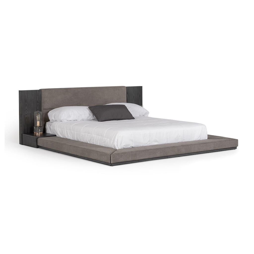 Noe Ruby King Bed Low Height with Built in Nightstands, Gray Upholstery