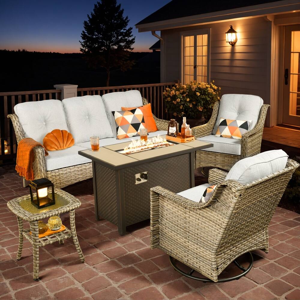 XIZZI Outdoor Wicker Patio Furniture Conversation Set with Fire Table