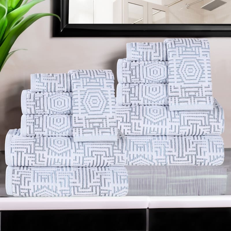 Superior Jasper Cotton Modern Jacquard Soft 12 Piece Bathroom Towel Set - Blue