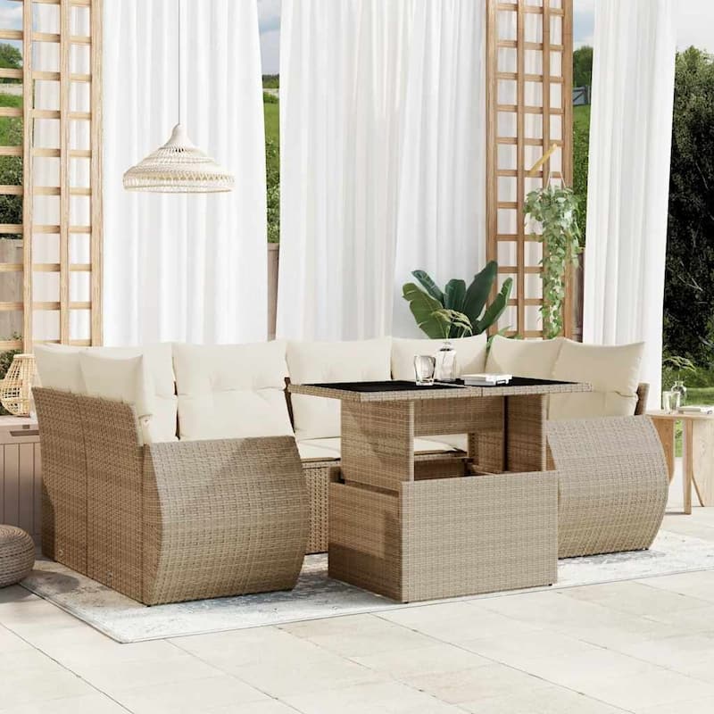 vidaXL Patio Sofa Set with Cushions Outdoor Furniture 7 Piece Poly Rattan - 24.4 x 24.4 x 27.2 - Beige and Cream-without storage