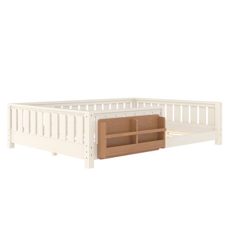 Montessori Floor Bed Low Profile Kids Bed with Rails & Bookshelf