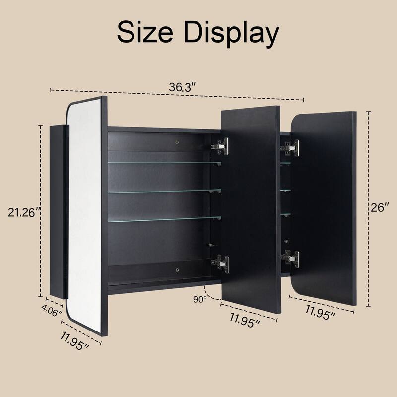 TEHOME Triple Door Bathroom Medicine Cabinet with Mirror, Soft Close, Adjustable Glass Shelves, Fully Assembled