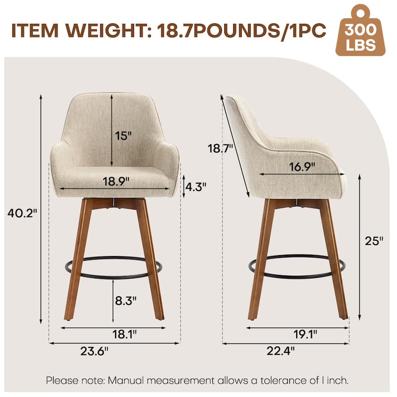 25 Inch Upholstered Swivel Counter Height Bar Stool with Armrests, Solid Wood Legs - 23.6"W x 22.4"D x 40.2"H