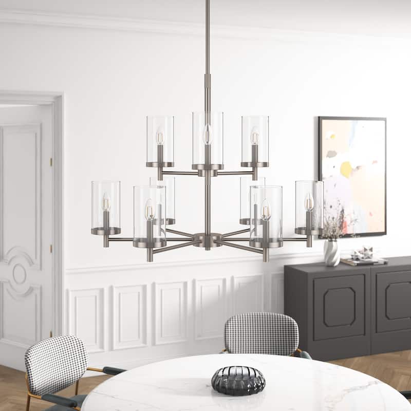 Modern 9-Light Brushed Nickel Candle Chandelier with Clear Glass Shades - Nickel