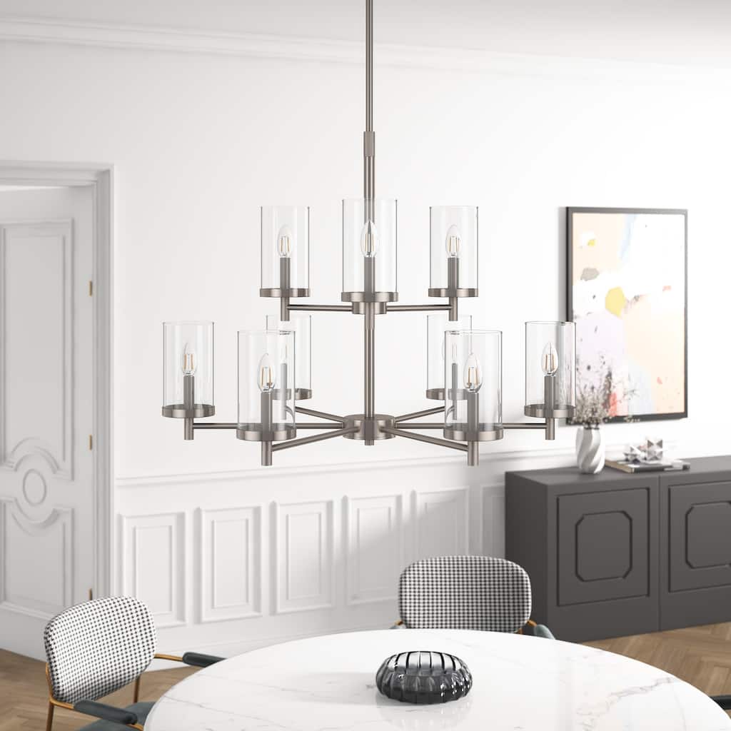 Modern 9-Light Brushed Nickel Candle Chandelier with Clear Glass Shades