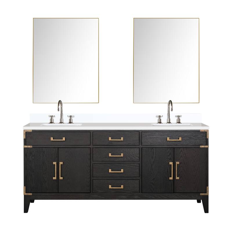 Laurel 60 in W x 22 in D Black Oak Double Bath Vanity, White Quartz Top, Faucet Set, and 28 in Mirrors
