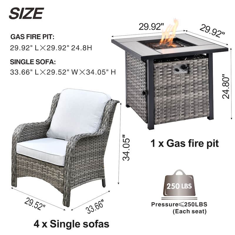 OVIOS 5-piece Patio Wicker Chairs Set with 30" Fire Table