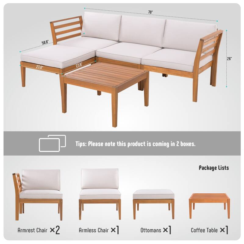 Werph 5 Pieces Outdoor Couch Patio Sectional Sofa with Acacia Wood Coffee Table, L Shape Outdoor Sectional Furniture