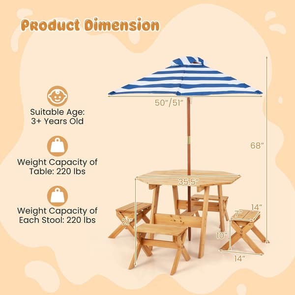 dimension image slide 0 of 2, Costway Kids Wooden Table Set with Octagon Table 4 Stools & Removable - See Details