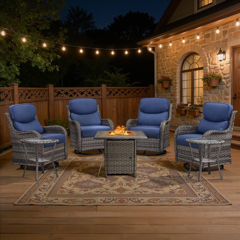 Meyreso 5-Piece Outdoor Patio Wicker Fire Pit 4 person Conversation Set with 5-Inch Thick Cushions - Navy Blue Cushions - Gray Wicker