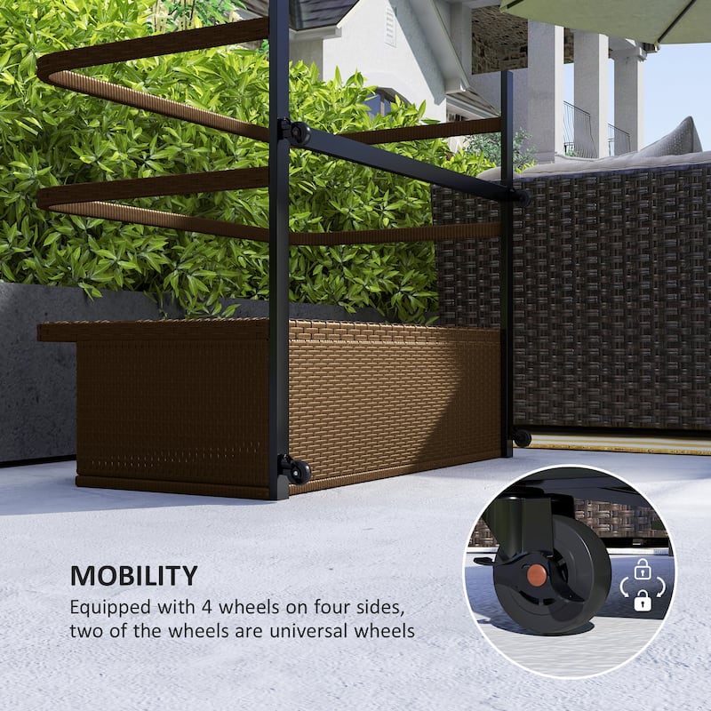 Outdoor Pool PE Rattan Float Storage Organizer with Three Sections and Wheels Steel Frame - 43.25" L x 36.8" W x 29.5" H