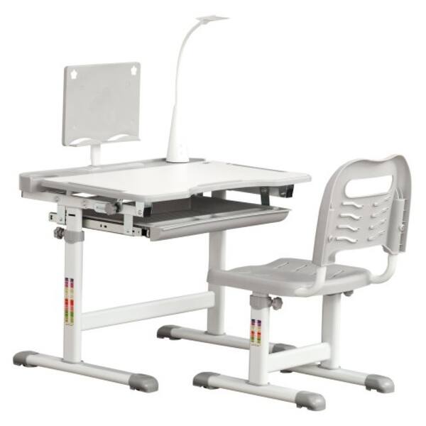 slide 2 of 7, Tiltable Kids Desk and Chair Set with USB Light and Storage Drawer, Height Adjustable for Ages 6-12 Grey