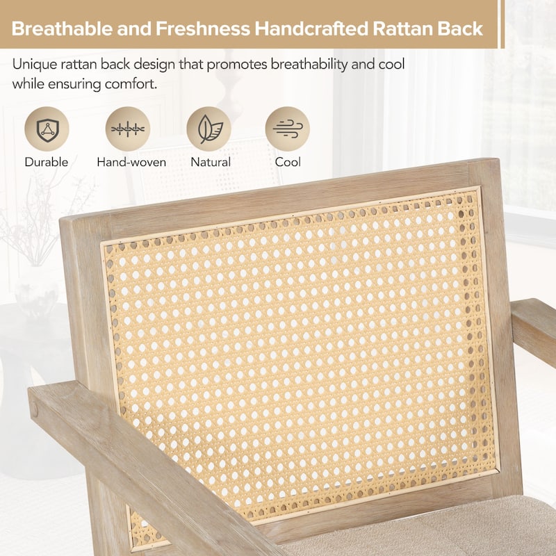 Mid-Century Modern Chair Accent Chair with Handcrafted Rattan Backrest and Padded Seat - 25.30" L x 22.80" W x 31.60" H