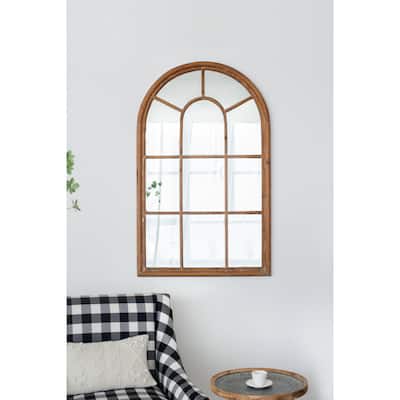34x54.3" Large Arched Accent Mirror with Brown Frame with Decorative Window Look