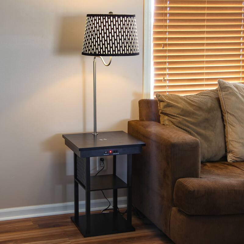 Brightech Madison 56 in. Classic Black Modern LED Bedside Table Lamp with Fabric Drum Shade and Wireless Charging Pad (2-Pack)