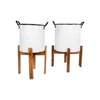 Distressed White Metal Planters with Black Rim & Handles on Natural Wood Stands (Set of 2 Sizes)
