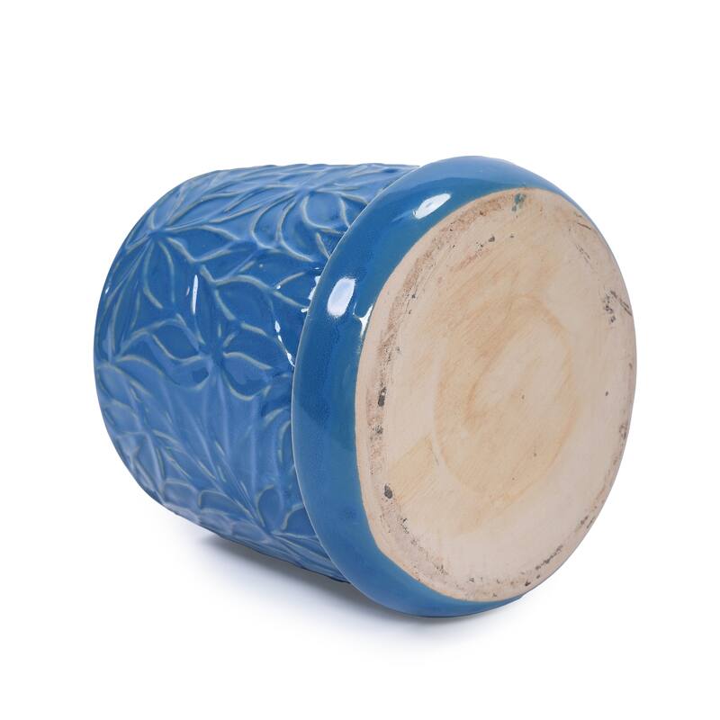 Set of 2 Handmade Modern Embossed Leaf Ceramic Planters with Saucers