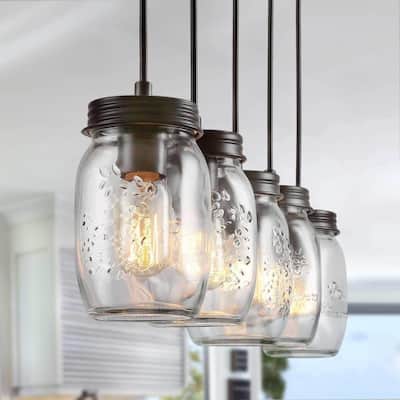 The Gray Barn Modern Farmhouse 5-Light Linear Chandelier Glass Mason Jar Island Lights