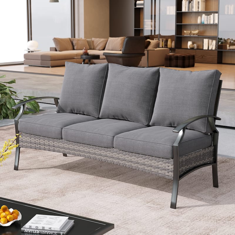 Uixe Outdoor Patio 3 Seater All-Weather Wicker Sofa Couch Deep Seat - Grey