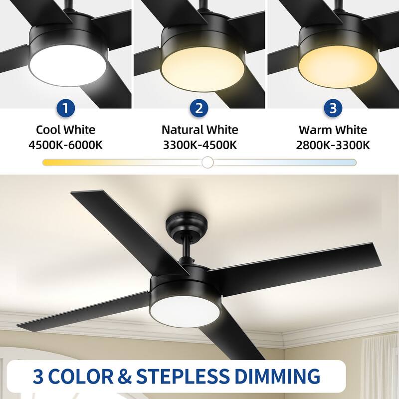 Moasis 4-Blade 48 inch Matte Black Ceiling Fan with LED Lights and Remote Control