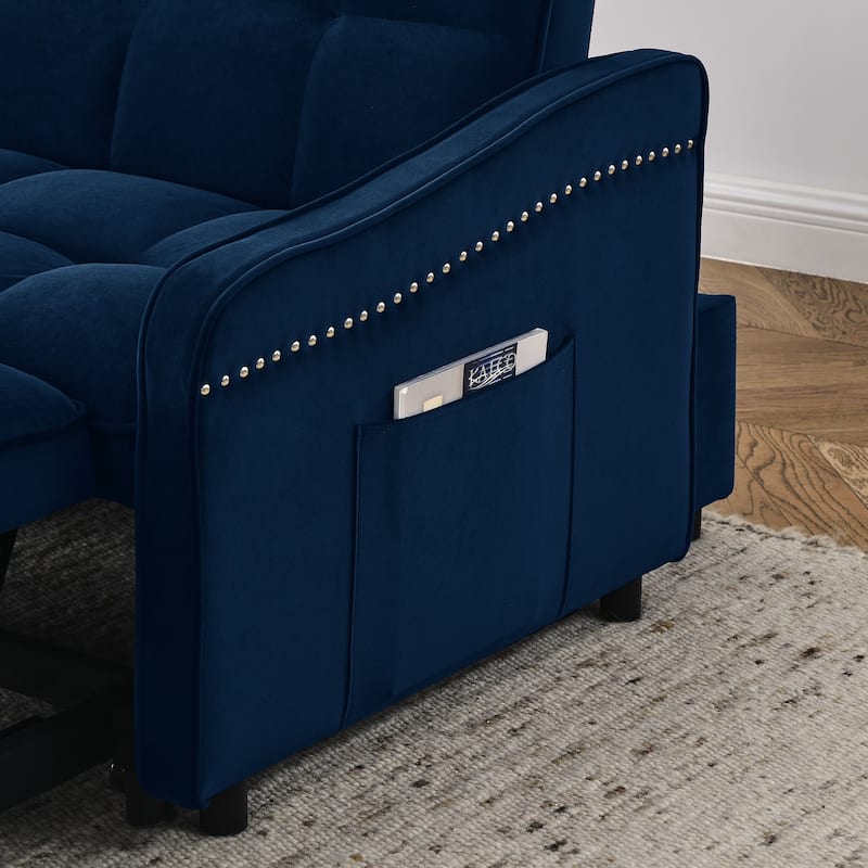 53" Foam Adjustable Loveseat Sofa Bed with Pull-Out Bed, USB/Type-C Charging, Copper Nail Trim, and Arm Storage Pockets